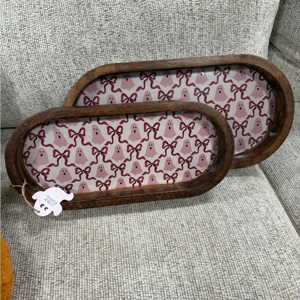 Made in India Wooden HALLOWEEN PINK GHOST & BOWS TRAYS